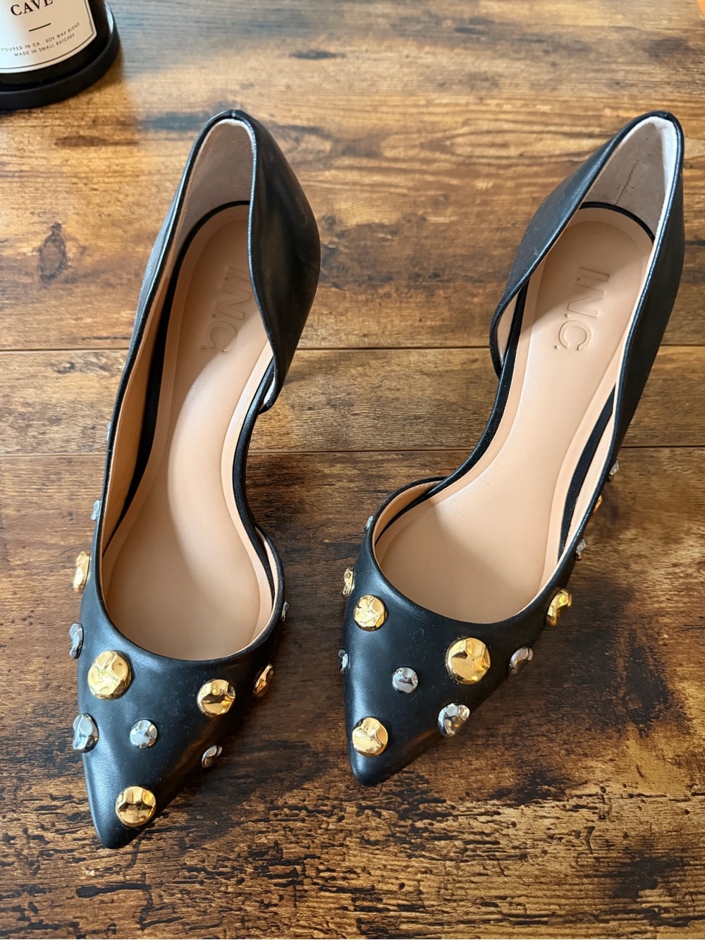 INC International Concepts Black Pointed-Toe Heels with Gold & Silver Studs